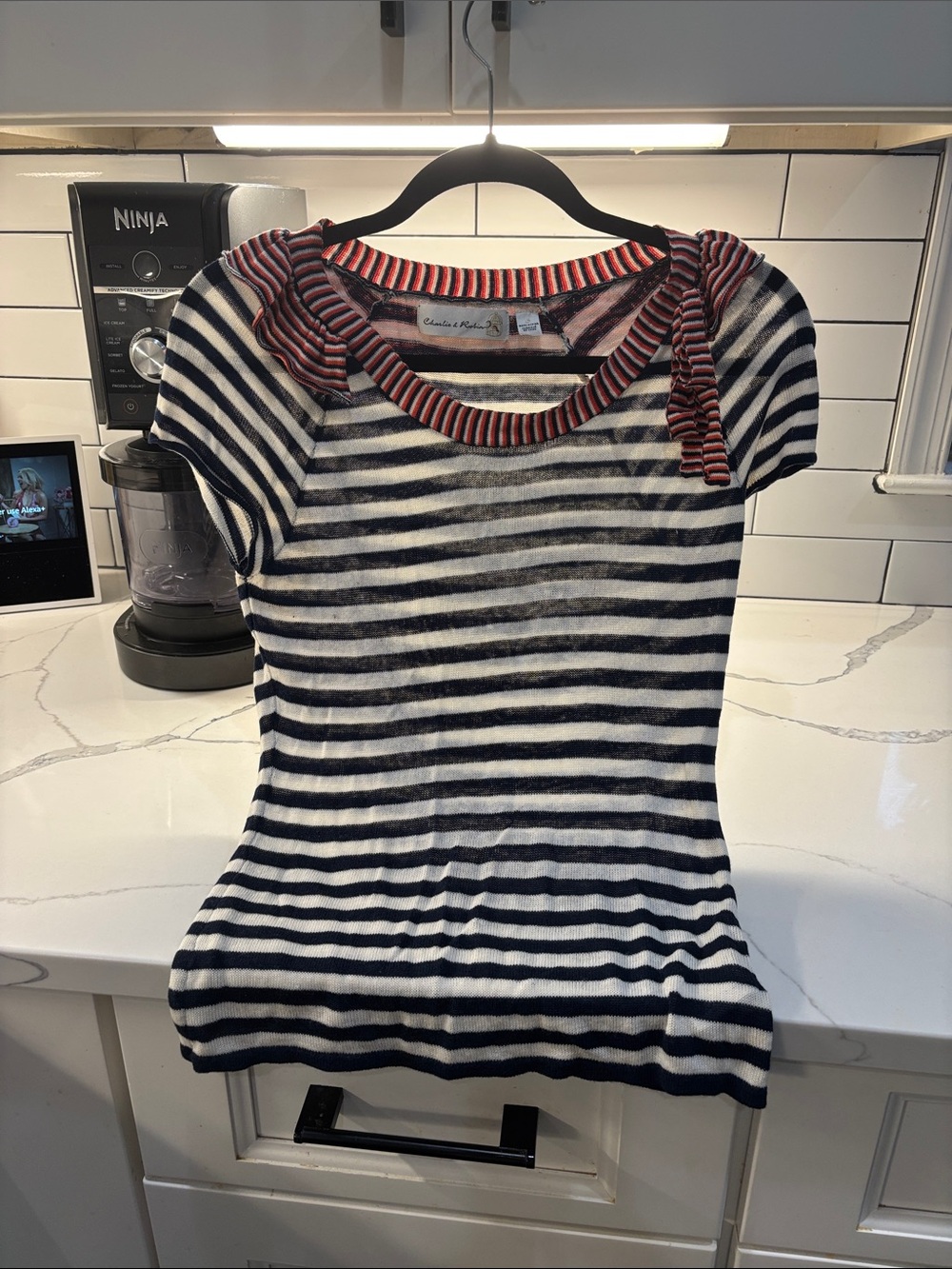 Striped Short-Sleeve Knit Top with Red-Trim Tie Neck